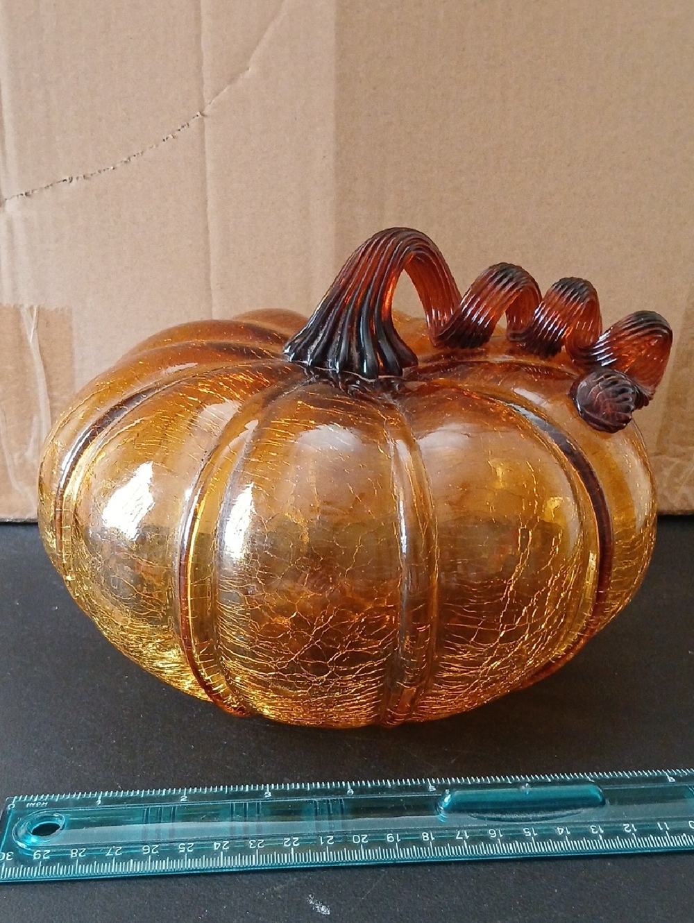 Pier 1 Amber Crackle Glass Pumpkin with Curled Stem